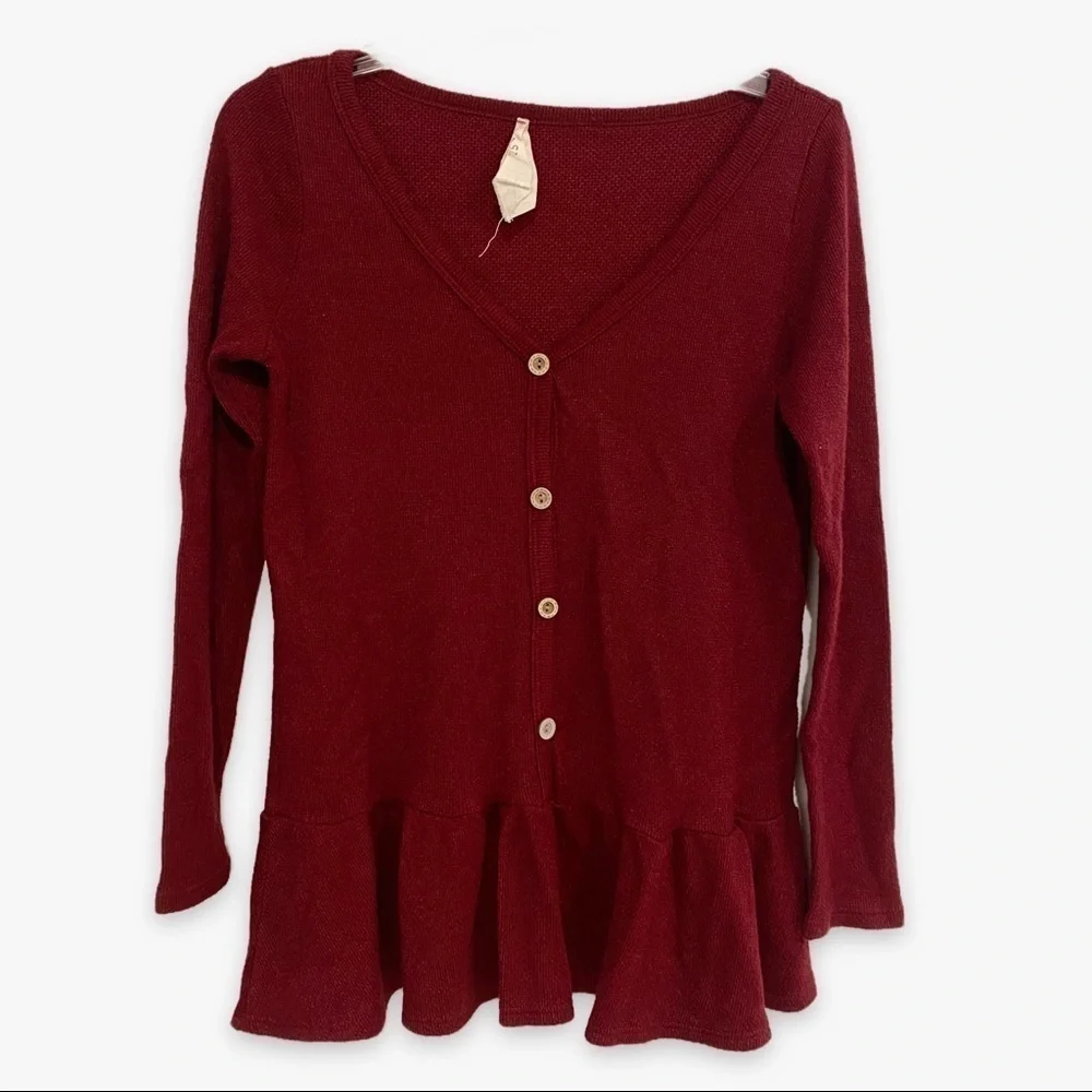 Fantastic Fawn | Peplum V Neck Sweater Maroon Size Small - Picture 2 of 6